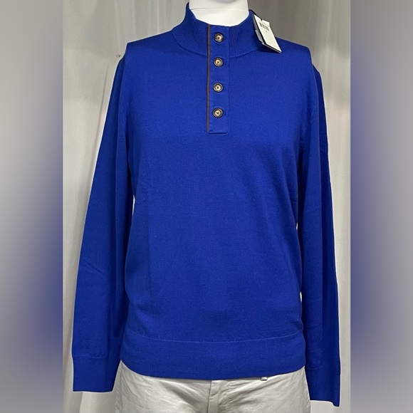 New Small Polo Ralph Lauren Leather Trimmed Royal Blue Quarter Button Sweater - Picture 2 of 7